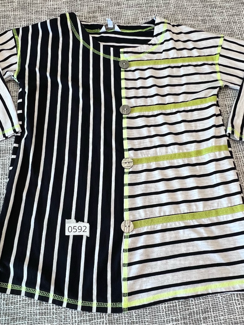 Coral Bay Black, White & Neon Yellow Striped Button-Front Tee